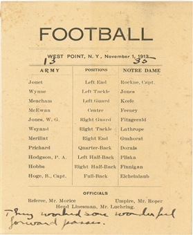 1913 Notre Dame Vs Army Line Up Card From 11/1/1913 Featuring Knute Rockne